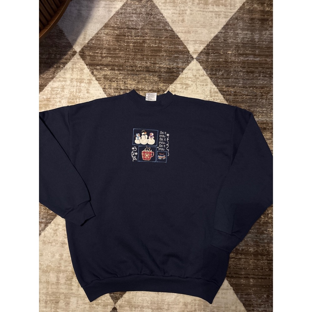 Vintage Tultex Navy Blue Let It Snow Snowman Winter Embroidered Sweatshirt XL